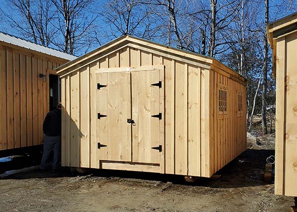 Our 10x16 Gable shed comes standard with pine board and batten siding and a metal roof.