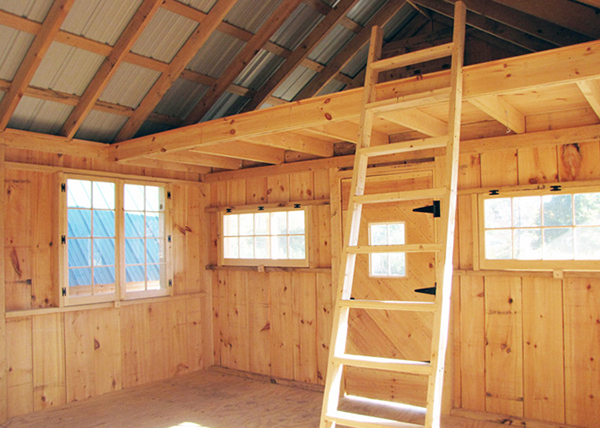 16x20 Vermont Cottage Option C interior with loft, ladder and barn sash windows