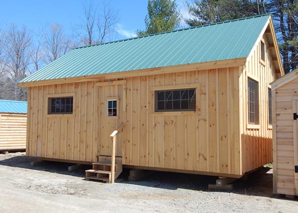 16x20 Vermont Cottage B with an Evergreen corrugated metal roof.