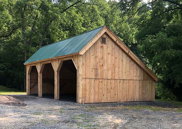 Our standard 20x36 Equipment shed comes with pine board and batten siding and a corrugated metal roof in Evergreen.
