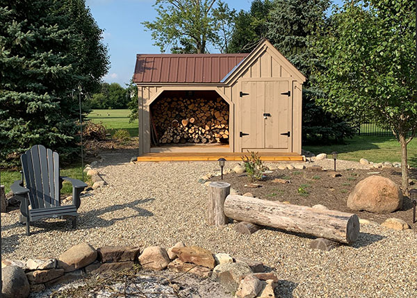 If you need a firewood shed our Vermont Gem is a great choice. It has a unique cottage shed style and also has an enclosed side with double doors to hold other gear.