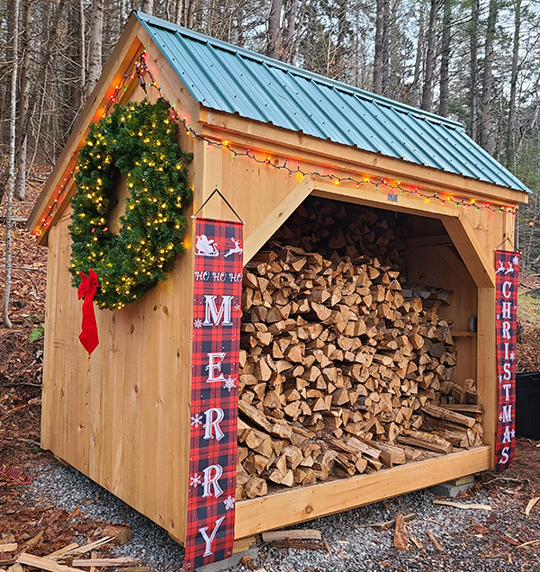 Our post and beam woodbin design comes with a rugged hemlock floor frame and decking to hold 3+ cords of firewood.