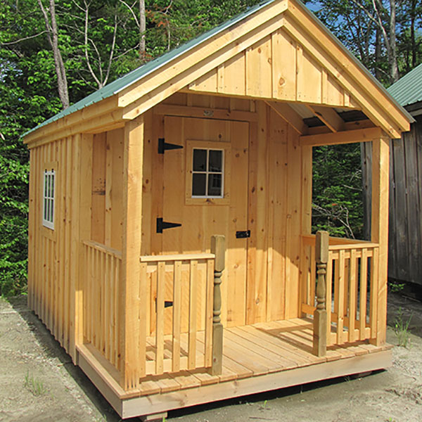 8x12 Garden Shed with porch railing and half newel posts