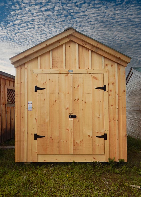 8x8 Gable shed with a set of double doors and pine board and batten siding.