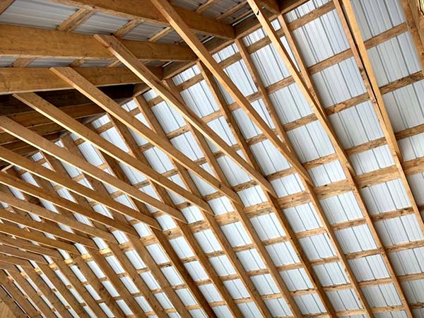 A fiew of the roof from inside. Here you can see the rafters, strapping, collar ties and underside of the corrugated metal roofing material.
