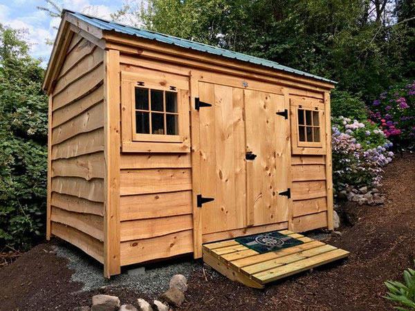 This 8x12 Gable shed was modified with an alternative floorplan that was worked out with the client. They upgraded the shed to have live-edge Adirondack pine siding.