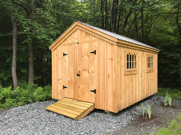This 8x14 Gable was upgraded to an ash gray corrugated metal roof. Other than the roof color, this photo represents the standard floorplan of this storage shed.