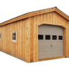 A Garage made from Hemlock and Pine, with Board and Batten Siding and an overhead door.
