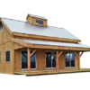 Timber frame post and beam cottage with cupola, corrugated metal roof, covered porch, and three floor to ceiling windows.