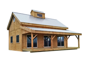 Timber frame post and beam cottage with cupola, corrugated metal roof, covered porch, and three floor to ceiling windows.