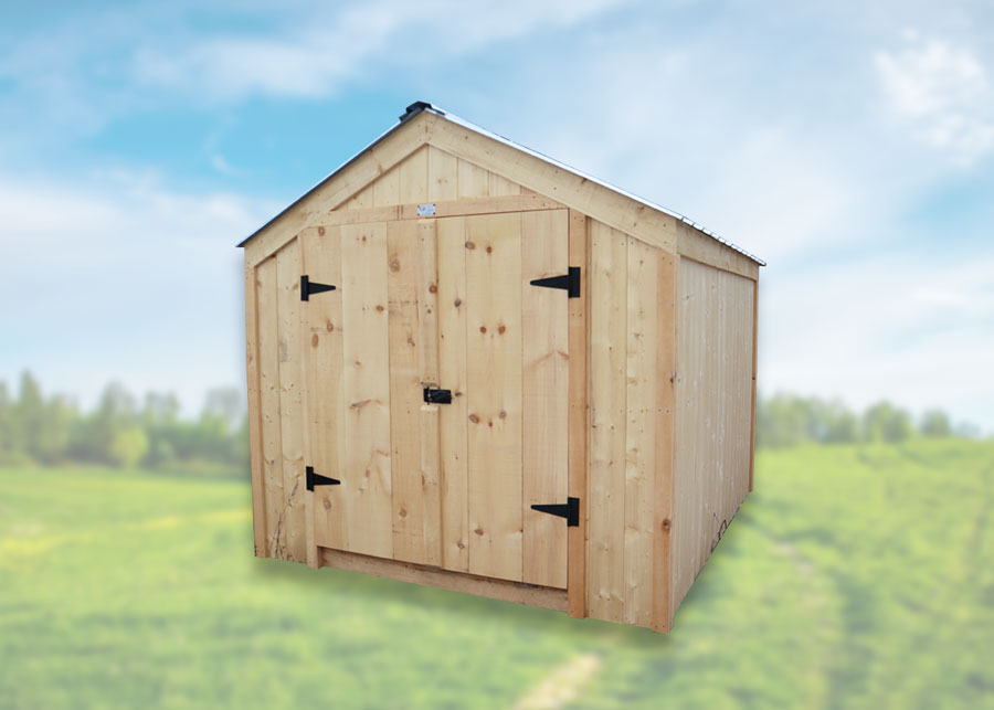 Eight foot by ten foot wooden storage shed with double doors and a metal roof.