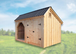 Eight foot by fourteen foot firewood storage shed with matte black roof with storage compartment