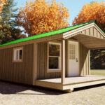 Side view of the Del Sol Cabin, which comes with a porch, insulated doors and windows, and pre-installed plumbing and electric.