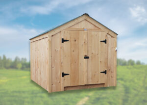 Eight foot by ten foot wooden shed with double doors on sale in our inventory