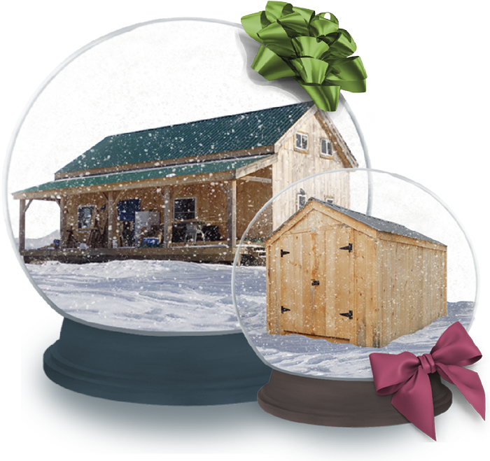 Post and Beam Vermont Cabin and Vermonter Shed inside snowglobes decorated with bows.