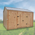 A 10 foot by 14 foot wooden storage shed with double doors for sale.