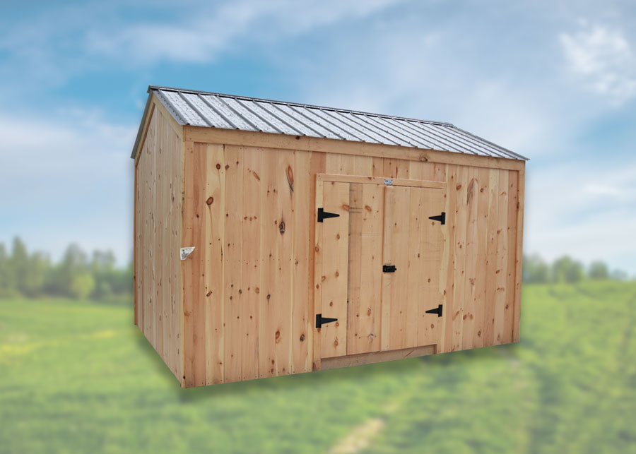A 10 foot by 14 foot wooden storage shed with double doors for sale.
