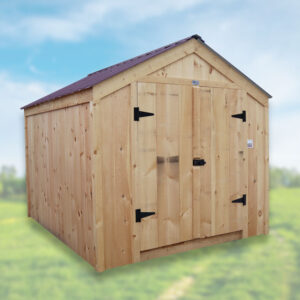 Eight by ten wooden post and beam shed with double doors and a metal roof is for sale as an inventory special.