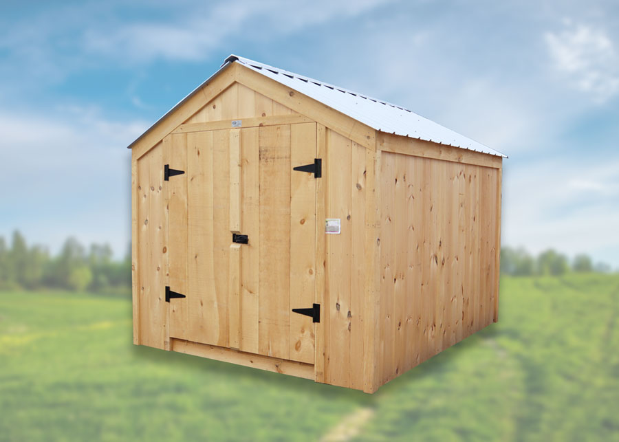 Eight foot by ten foot Vermonter wooden shed with a silver galvalume roof for sale as in-stock inventory.