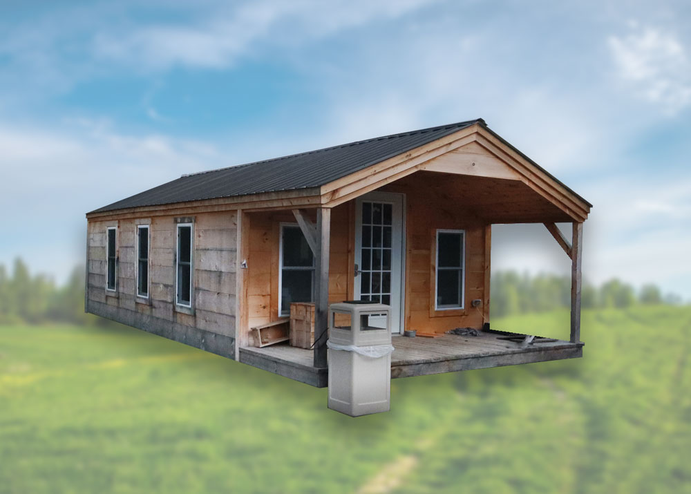 Custom 14x30 post and beam conference room building with a porch, insulated door and insulated windows with a patrician bronze roof