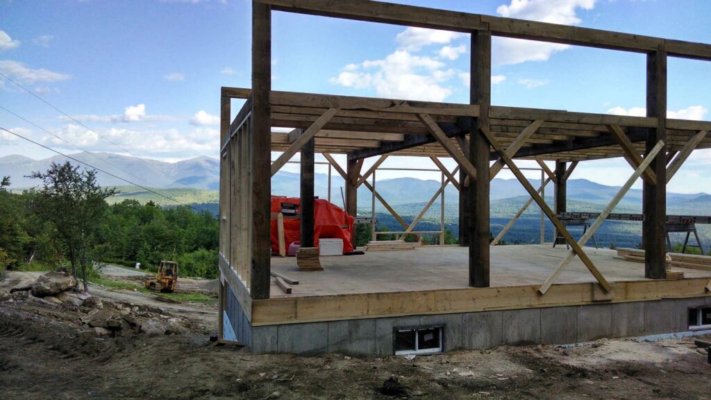 Mortise and Tenon frame being constructed on a Vermont Cabin.