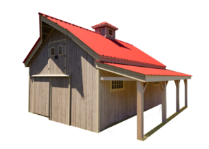 Large timber frame barn with horse stalls, a tack room, a hay loft, and an overhang.