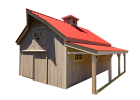 This wooden post and beam two story barn comes with three stalls, a tack room, and a hayloft