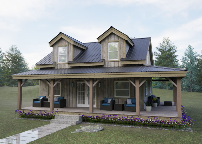 Front view of the two story Hideaway Cabin showing a wrap around porch and two doghouse dormers. The cabin is depicted with a matte black metal roof.