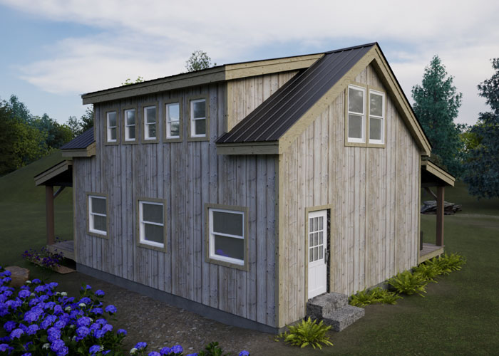 Rear view of the two story Hideaway timber frame cabin showing a shed dormer with five windows in the rear.