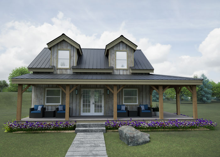 Rear view of the two story Hideaway timber frame cabin showing a shed dormer with five windows in the rear.