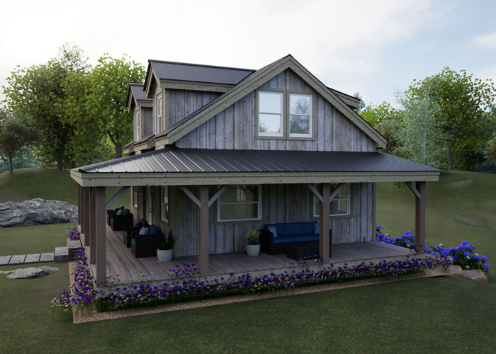 Side view of Hideaway two story cabin showing the porch and windows on the gable end of the second floor.
